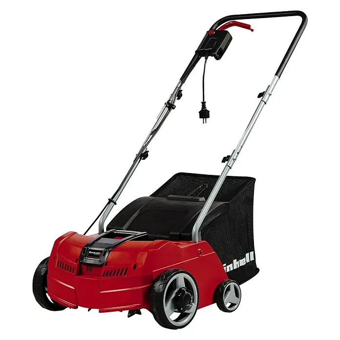 Einhell Elektro-Vertikutierer-Lüfter GC-SA 1231/11.200 W, Arbeitsbreite: 31 cm - Das Bild zeigt einen roten Einhell Elektro-Vertikutierer-Lüfter mit Fangkorb vor einem schwarzen Hintergrund.