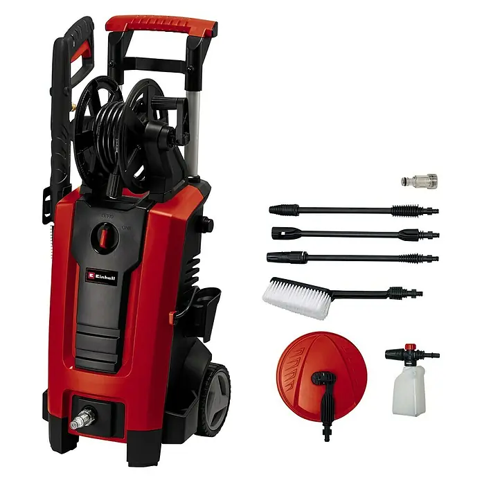 Einhell Expert Hochdruckreiniger TE-HP 140 - 1.900 W, Max. Druck: 140 bar, Fördermenge: 420 l/h - Ein roter Einhell Hochdruckreiniger mit Zubehör, wie verschiedenen Düsen und Bürsten für vielseitige Reinigungsarbeiten rund ums Haus.