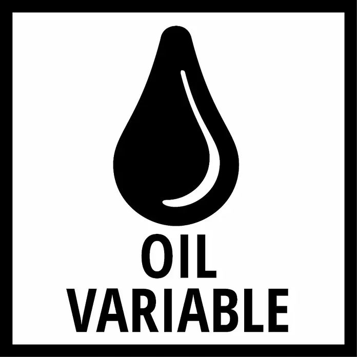 Einhell Kombi-Wartungseinheit mit Öler R1/4″ - R ¼″, Betriebsdruck: 8 bar - Symbol, das "Öl Variable" anzeigt, mit einem schwarzen Öltropfen über dem Text, hervorgehoben durch einen starken schwarzen Rahmen.