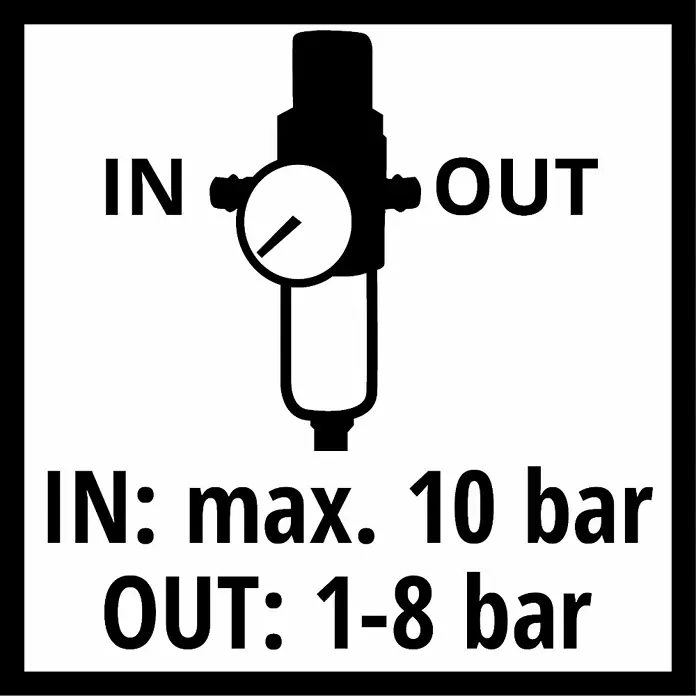 Einhell Kombi-Wartungseinheit mit Öler R1/4″ - R ¼″, Betriebsdruck: 8 bar - Symbol für Druckluftfilter: Eingang max. 10 bar, Ausgang 1-8 bar.
