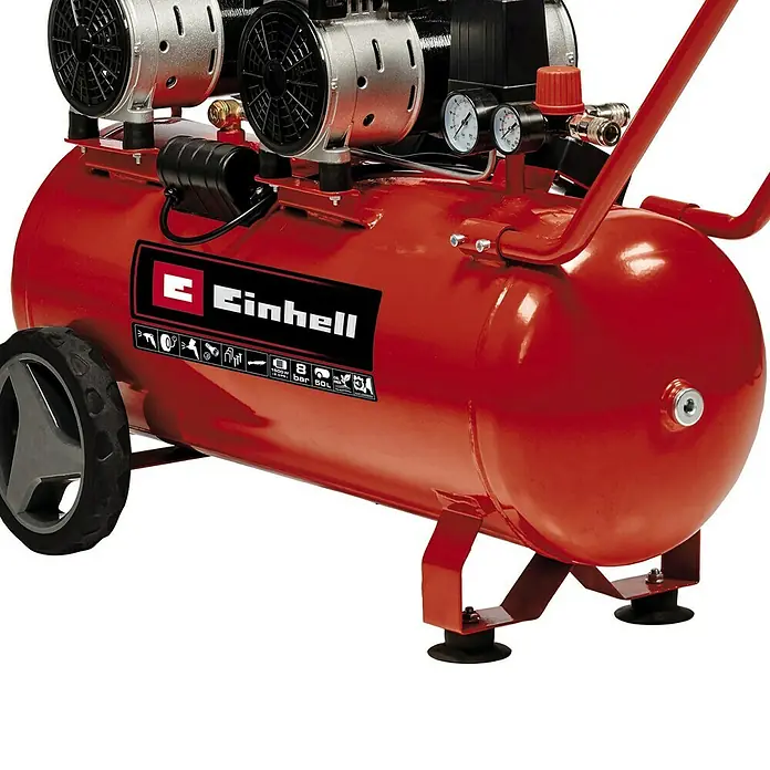 Einhell Expert Plus Flüsterkompressor TE-AC 50 SilentMax. Druck: 8 bar, 50 l - Abbildung eines roten Einhell-Kompressors mit zwei Zylindern, Manometern und Griff für den einfachen Transport. Ideal für Werkstattarbeiten.