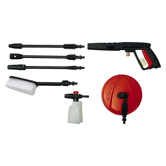 Einhell Expert Hochdruckreiniger TE-HP 140 - 1.900 W, Max. Druck: 140 bar, Fördermenge: 420 l/h - Das Bild zeigt Zubehör für einen Hochdruckreiniger, einschließlich verschiedener Düsen, Bürstenaufsätze und einer Schaumkanone.