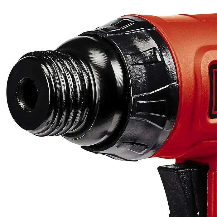 Einhell Classic Druckluft-Meißelhammer TC-PC 45 - 0 bar - 6,3 bar, Luftverbrauch: 113 l/min - Detailaufnahme eines roten Akkuschraubers mit schwarzem Bohrfutter, das Gewinde aufweist und für präzise Schraubarbeiten ausgelegt ist.