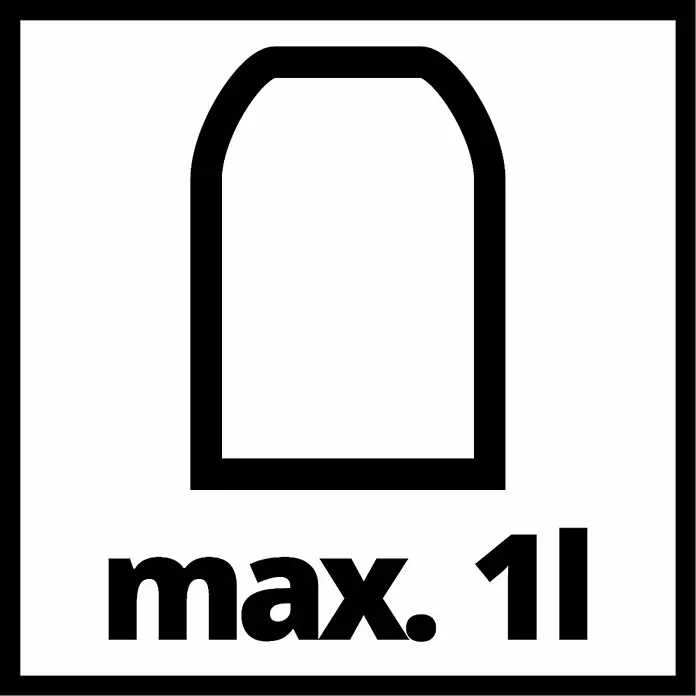 Einhell Strahlpistole mit Saugbecher - Geeignet für: Kompressor - Symbol mit der Aufschrift "max. 1l" und einer stilisierten Flasche, die das maximale Fassungsvermögen von einem Liter angibt.