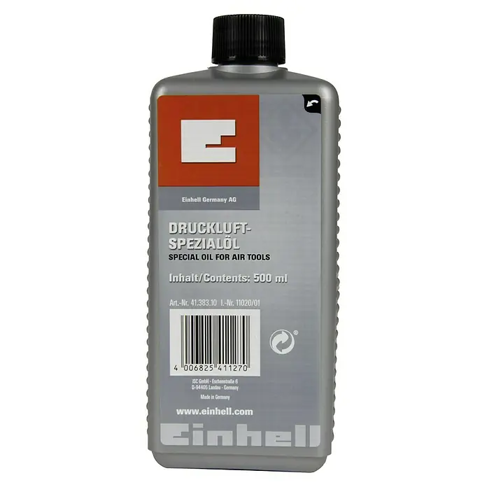 Einhell Spezialöl500 ml - Produktabbildung einer Flasche Druckluft-Spezialöl von Einhell mit 500 ml Inhalt, ideal für Druckluftwerkzeuge.