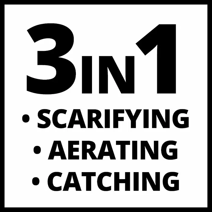 Einhell Elektro-Vertikutierer-Lüfter GC-SA 1231/1 - 1.200 W, Arbeitsbreite: 31 cm - Das Bild zeigt ein 3-in-1-Gerät, das zum Vertikutieren, Lüften und Fangen von Gartenabfällen verwendet werden kann.