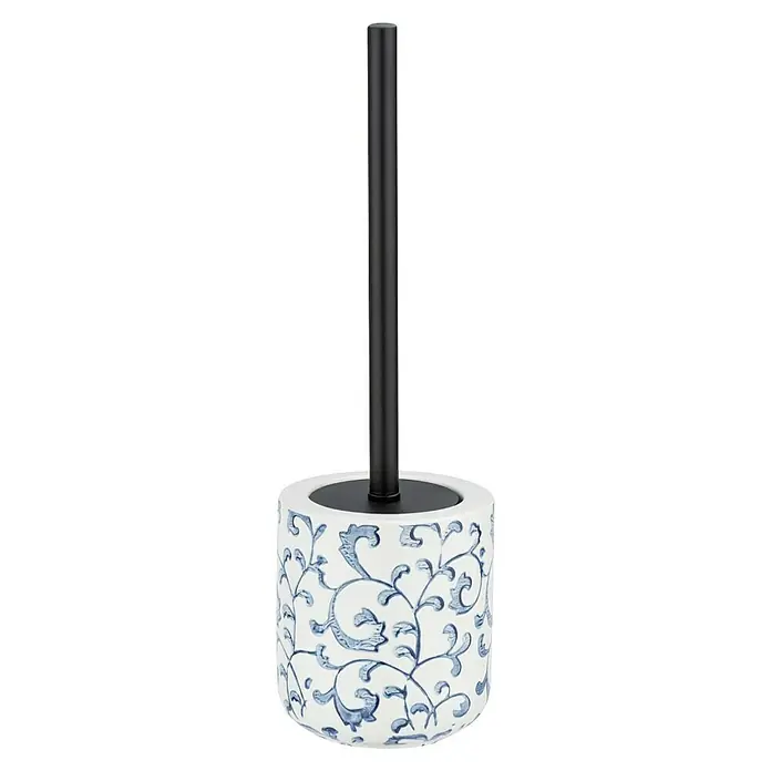 Wenko WC-Bürstengarnitur Mirabello - 11,5 x 11,5 x 39,5 cm, Keramik, Weiß/Blau - Eine elegante WC-Garnitur mit blau-weißem floralem Muster und schwarzem Griff. Praktisch und dekorativ für jedes Badezimmer.