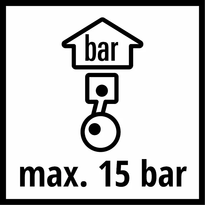Einhell Druckluftschlauch - Länge: 15 m, Schlauchdurchmesser: 9 mm - Symbol, das den maximal zulässigen Druck von 15 bar mit einem stilisierten Kolben darstellt.