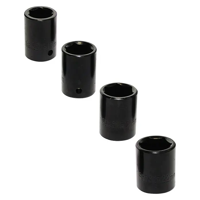 Einhell Druckluft-Set - 10 -tlg. - Vier schwarze Steckschlüsseleinsätze in verschiedenen Größen, perfekt für Werkstattarbeiten und Reparaturen.