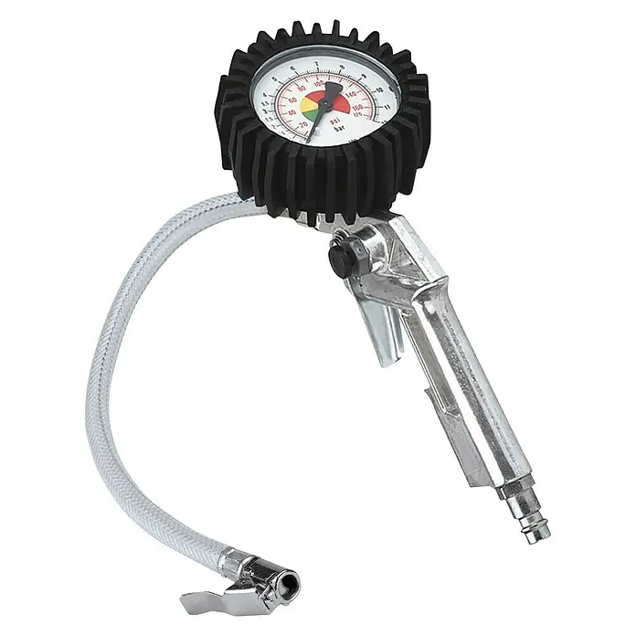 Einhell Druckluft-Set - 10 -tlg. - Das Bild zeigt einen Reifendruckmesser mit Schlauch und Pistole, der zum Messen und Aufpumpen von Reifen verwendet wird.