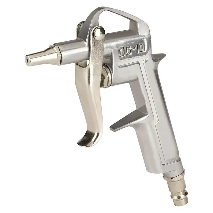 Einhell Druckluft-Set - 10 -tlg. - Nahaufnahme einer DG-10 Druckluftpistole, ideal zum Reinigen und Entstauben in Werkstätten oder Garagen. Das robuste Design sorgt für Langlebigkeit.