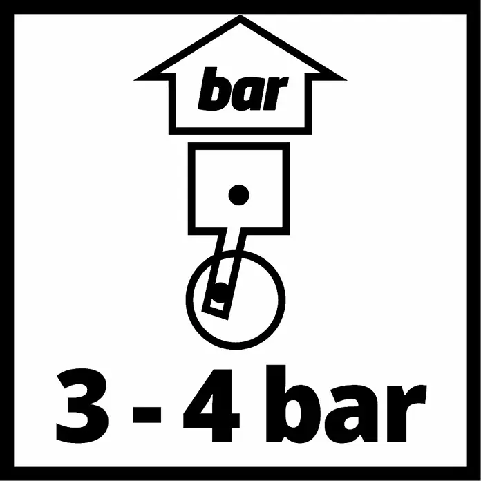 Einhell Druckluft-Farbspritzpistole mit Saugbecher - 1 l, 3 bar - 4 bar - Symbol für den empfohlenen Reifendruck von 3-4 bar, dargestellt durch ein stilisiertes Kolben- und Barometer-Symbol.