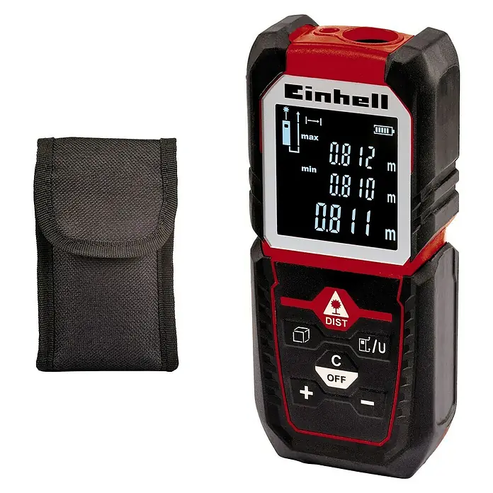 Einhell Classic Laserentfernungsmesser TC-LD 50 - Messbereich: 0,05 - 50 m - Abbildung eines Einhell Entfernungsmessers mit roter Laserdiodenanzeige und einer schwarzen Schutztasche.