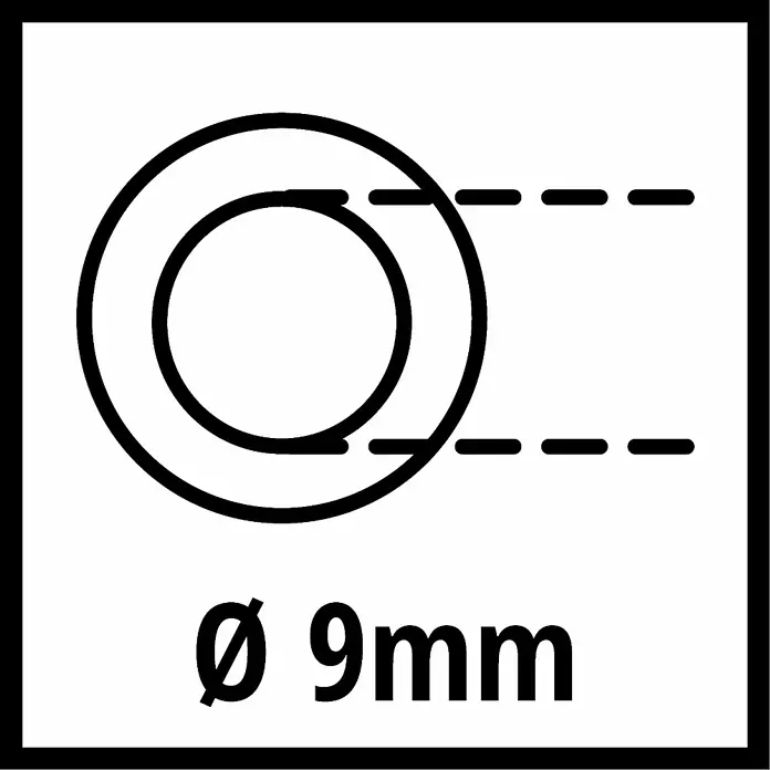 Einhell Druckluftschlauch - Länge: 15 m, Schlauchdurchmesser: 9 mm - Symbol für Bohrlochdurchmesser von 9mm, dargestellt durch Kreis mit Durchmesserangabe.