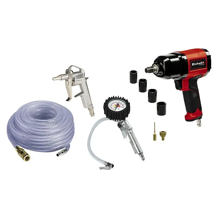 Einhell Druckluft-Set - 10 -tlg. - Ein Set von Werkzeugen, einschließlich eines Schlagschraubers, einer Ausblaspistole, eines Reifenfüllers und eines Schlauchs.