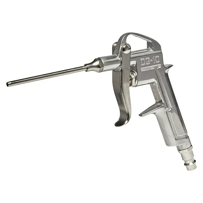 Einhell Ausblaspistole lang - Geeignet für: Kompressor - Ein detailreiches Bild einer DG-10 Druckluftpistole vor einem schwarzen Hintergrund, ideal für Reinigungsarbeiten.