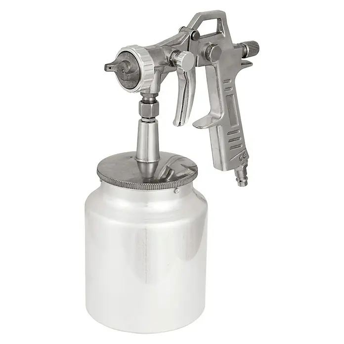 Einhell Druckluft-Farbspritzpistole mit Saugbecher - 1 l, 3 bar - 4 bar - Bild einer silberfarbenen Farbspritzpistole, die mit einem Behälter verbunden ist. Ideal zum Lackieren und für Heimwerkerprojekte.