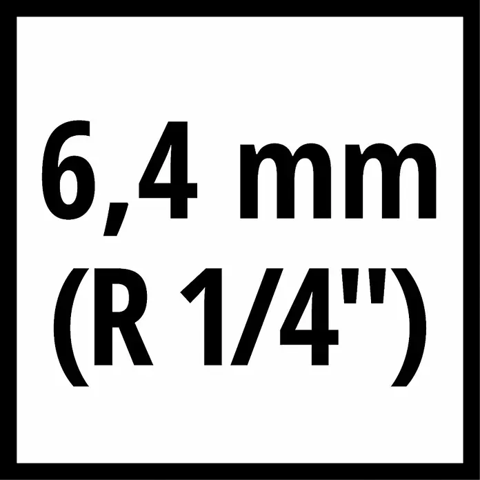 Einhell Kombi-Wartungseinheit mit Öler R1/4″ - R ¼″, Betriebsdruck: 8 bar - Darstellung einer technischen Spezifikation: 6,4 mm (R 1/4 Zoll) mit schwarzer Schrift auf weißem Grund, umrandet von einem schwarzen Rahmen.