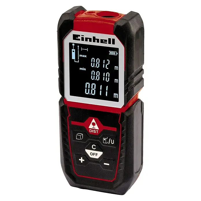 Einhell Classic Laserentfernungsmesser TC-LD 50 - Messbereich: 0,05 - 50 m - Ein roter und schwarzer Einhell Laser-Entfernungsmesser mit digitalem Display zur präzisen Messung. Ideal für Handwerker und Heimwerker.