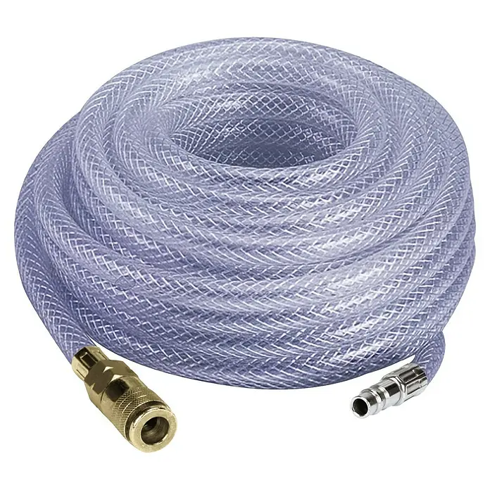 Einhell Druckluft-Set - 10 -tlg. - Bild einer klaren, verstärkten PVC-Luftschlauchrolle mit Schnellanschlüssen für Druckluftwerkzeuge.