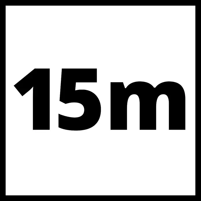 Einhell Druckluftschlauch - Länge: 15 m, Schlauchdurchmesser: 9 mm - Das Bild zeigt ein Verkehrsschild mit der Aufschrift "15m" in schwarzer Schrift auf weißem Grund, umgeben von einem schwarzen Rahmen.