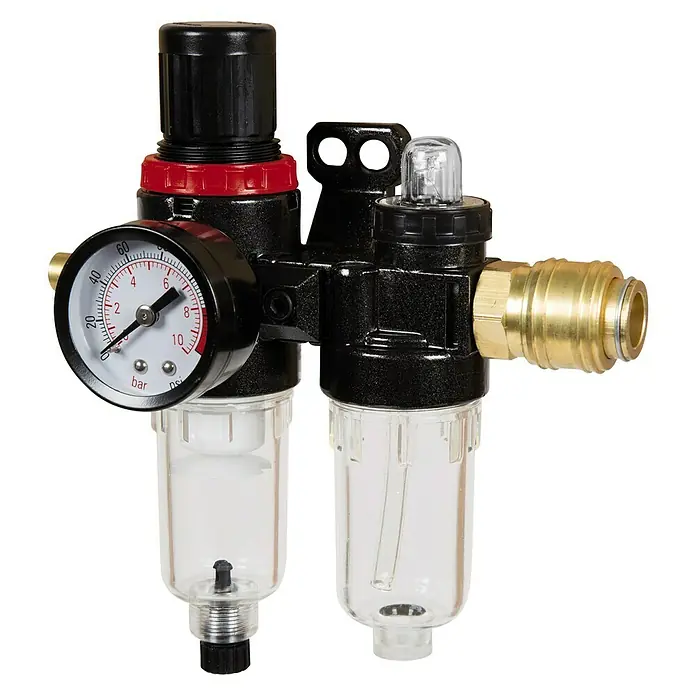 Einhell Kombi-Wartungseinheit mit Öler R1/4″ - R ¼″, Betriebsdruck: 8 bar - Abbildung eines Druckluftfilters und -reglers mit Manometer, bestehend aus schwarzen und transparenten Elementen für die Luftaufbereitung.