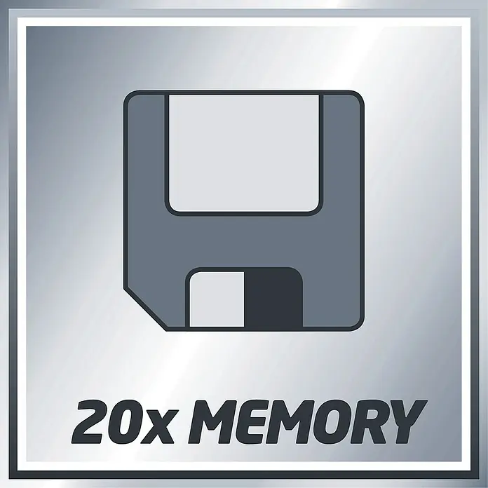 Einhell Classic Laserentfernungsmesser TC-LD 50 - Messbereich: 0,05 - 50 m - Abbildung einer Diskette mit der Aufschrift "20x MEMORY" vor einem silbernen Hintergrund.
