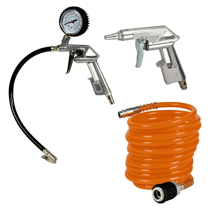 Einhell Druckluft-Set - 3 -tlg. - Bild eines Reifendruckprüfers mit Luftschlauch und einer orangefarbenen Druckluftschlauchrolle, ideal für die Autowerkstatt.