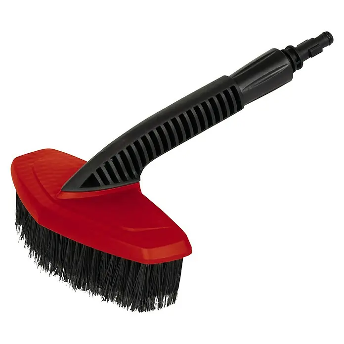 Einhell Waschbürste - Passend für: Einhell Hochdruckreiniger TC-HP 90, TC-HP 130, TE-HP 140 und TE-HP 170, Horizontal - Eine rote Waschbürste mit schwarzen Borsten und einem schwarzen Griff. Ideal zur Reinigung von Autos und anderen Oberflächen.