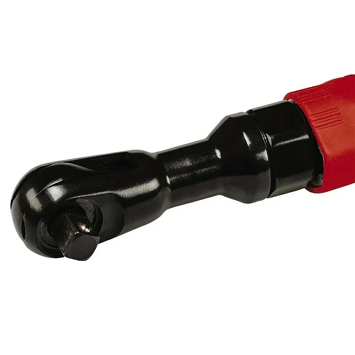 Einhell Classic Druckluft-Ratschenschrauber TC-PR 68 - 0 bar - 6,3 bar - Nahaufnahme einer schwarzen Ratsche mit rotem Griff, ein Werkzeug für Schraubarbeiten.
