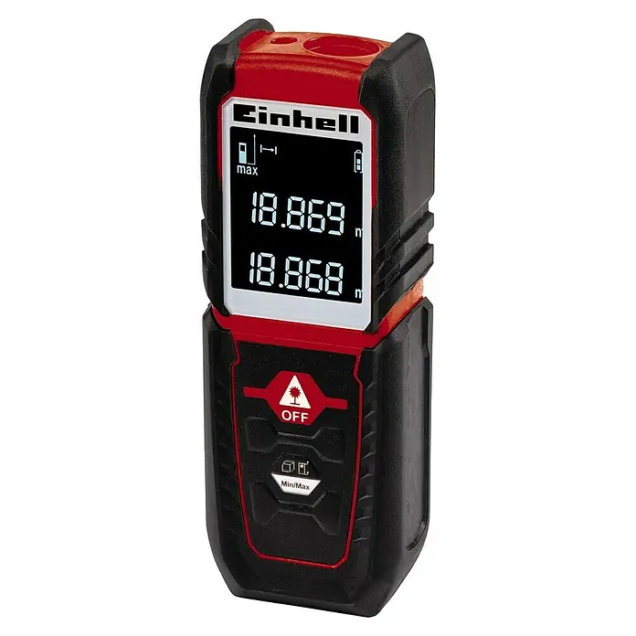 Einhell Classic Laserentfernungsmesser TC-LD 25 - Messbereich: 0,05 - 25 m - Nahaufnahme eines Einhell Entfernungsmessers mit digitaler Anzeige und roter Umrandung für präzise Messungen.