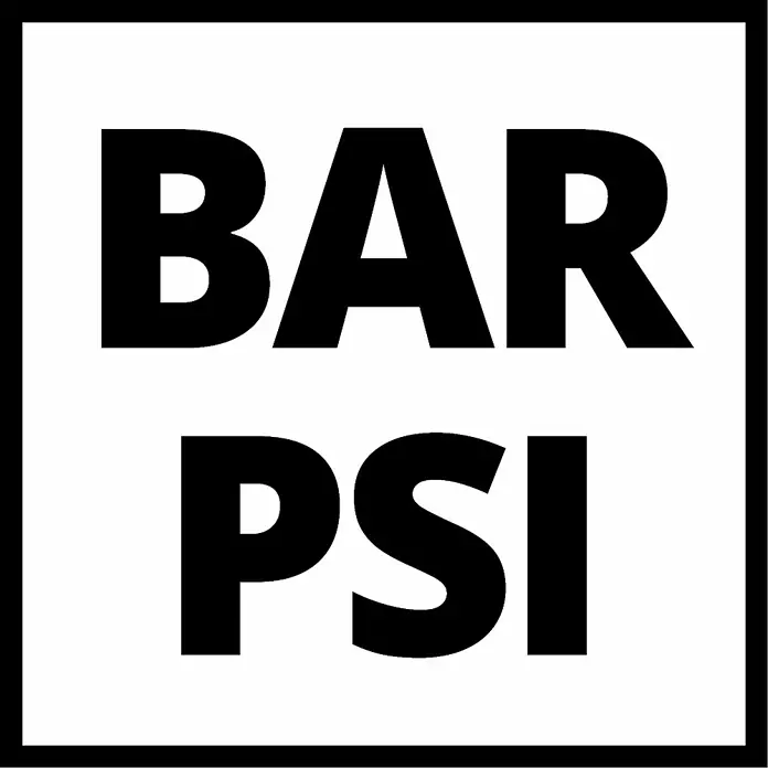Einhell Reifenfüllmesser Profi - Betriebsdruck: 8 bar - Schwarzes Quadrat mit dem Text "BAR PSI", das für Druckangaben in bar und PSI steht.
