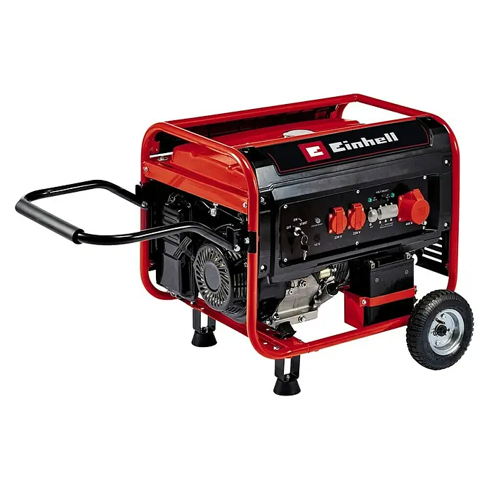 Einhell Classic Stromerzeuger TC-PG 65/E5 - Tankvolumen: 25 l - Ein roter und schwarzer Einhell Stromgenerator mit Griff und Rädern, ideal für den mobilen Einsatz.\n