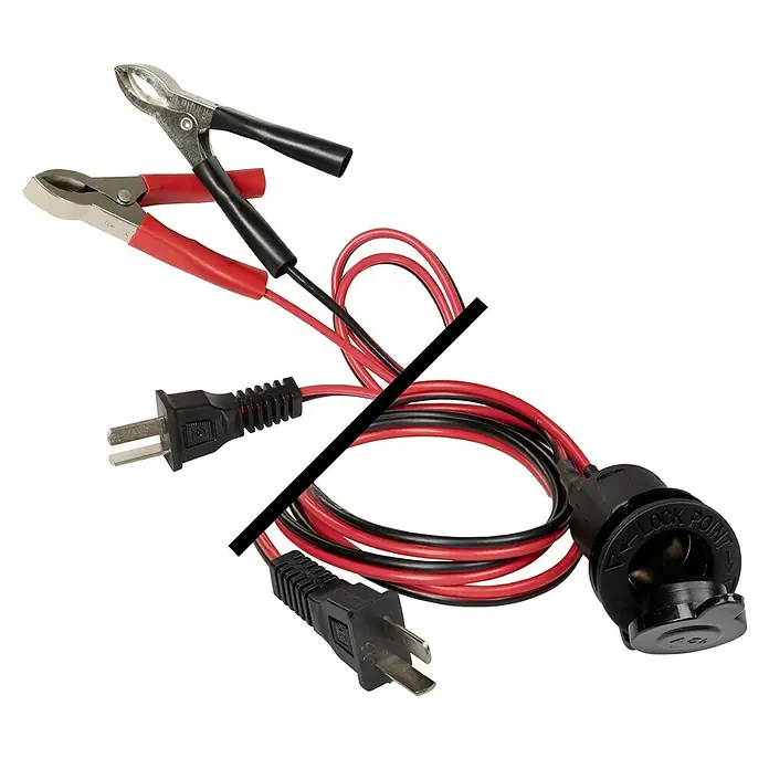 Einhell Classic Stromerzeuger TC-PG 65/E5 - Tankvolumen: 25 l - Ein Bild eines Batterieladegeräts mit Klemmen, Stecker und einer Steckdose für vielseitige Stromversorgungsoptionen.