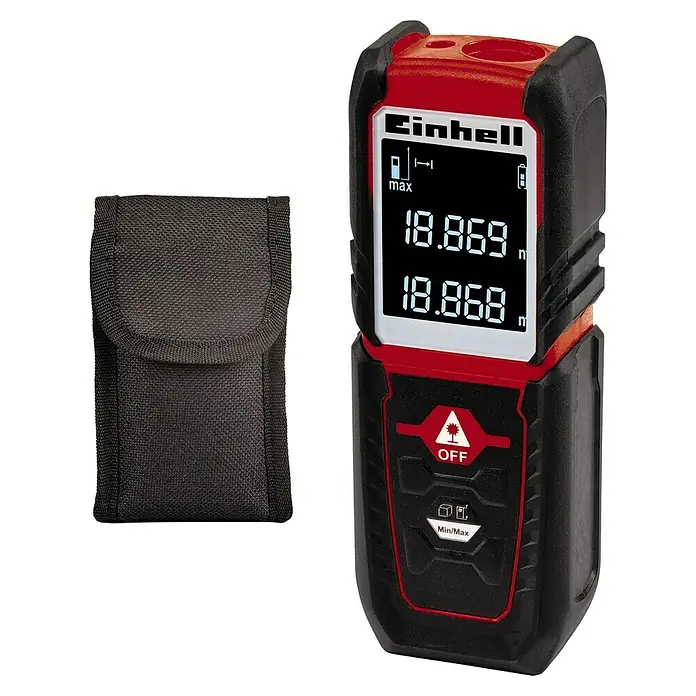 Einhell Classic Laserentfernungsmesser TC-LD 25 - Messbereich: 0,05 - 25 m - Ein roter und schwarzer Entfernungsmesser der Marke Einhell neben einer schwarzen Tasche.