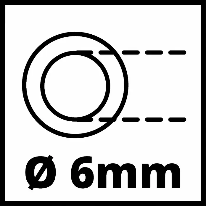 Einhell Druckluft-Set - 3 -tlg. - Abbildung eines 6mm Produkts, dargestellt durch einen Kreis mit gestrichelten Linien und der Bezeichnung "Ø 6mm" in einem schwarzen Rahmen.