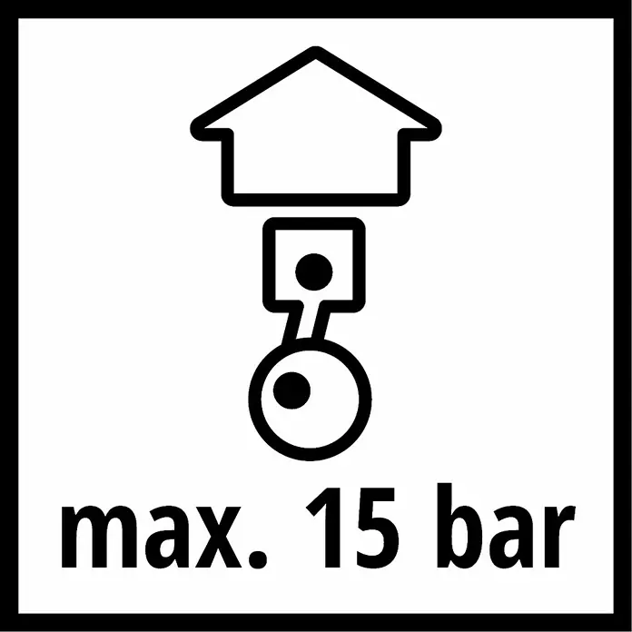 Einhell Druckluftschlauch - Länge: 15 m, Schlauchdurchmesser: 6 mm - Symbol: Haus über Kolbenmechanismus, zeigt max. 15 bar Druck für Hausgebrauch an.