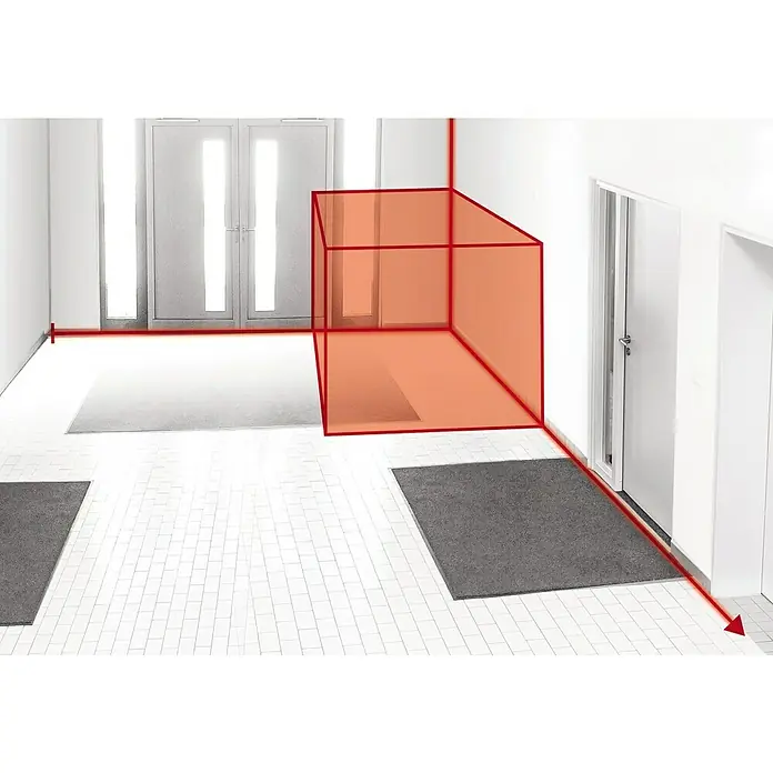 Einhell Classic Laserentfernungsmesser TC-LD 25 - Messbereich: 0,05 - 25 m - Das Bild zeigt einen Innenraum mit zwei Türen, einem Teppich und einem hervorgehobenen Bereich, der durch rote Linien und Flächen markiert ist.