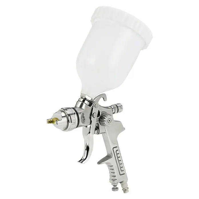 Einhell Druckluft-Farbspritzpistole Profi - 0,6 l, 3 bar - 3,5 bar - Eine detaillierte Aufnahme einer Farbspritzpistole mit einem weißen Farbbehälter. Ideal für professionelle Lackierarbeiten.