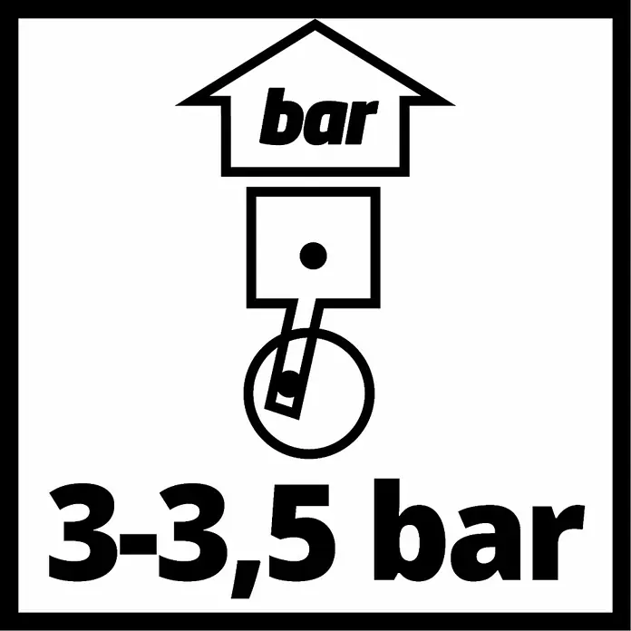 Einhell Druckluft-Farbspritzpistole Profi - 0,6 l, 3 bar - 3,5 bar - Abbildung, die den empfohlenen Reifendruck von 3-3,5 bar mit einer stiliserten Darstellung eines Motors zeigt.