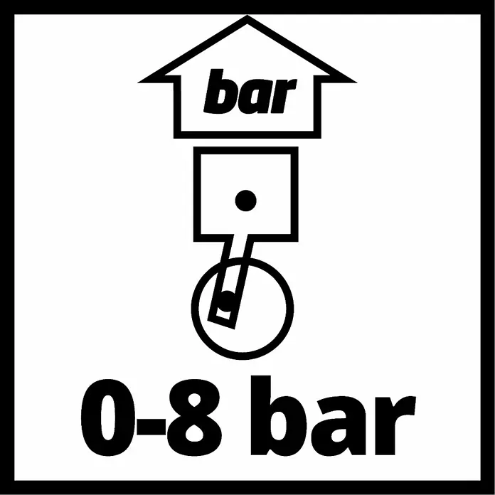 Einhell Reifenfüllmesser Profi - Betriebsdruck: 8 bar - Das Bild zeigt ein Symbol für Druckluft mit einer Anzeige von 0-8 bar, ideal für Werkstattinformationen und Anleitungen.