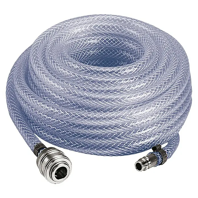Einhell Druckluftschlauch - Länge: 15 m, Schlauchdurchmesser: 6 mm - Aufgerollter transparenter Schlauch mit metallischen Anschlüssen. Ideal für verschiedene Anwendungen, robust und flexibel.