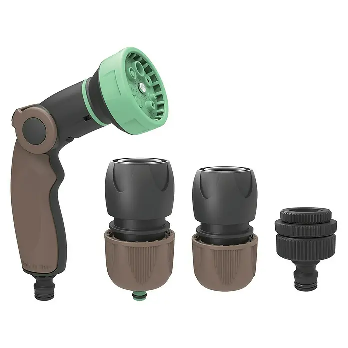 G.F. Garden Reco Multifunktionsbrause Set Easy - 4 -tlg. - Braune und schwarze Gartenschlauchdüse mit mehreren Aufsätzen für unterschiedliche Sprühmuster, ideal für die Gartenbewässerung.