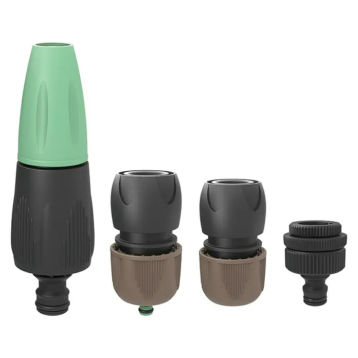 G.F. Garden Reco Reinigungsspritzen-Set - 4 -tlg. - Das Bild zeigt ein Set von Gartenbewässerungsanschlüssen, darunter Düsen und Verbinder, die für Gartenschläuche optimiert sind.