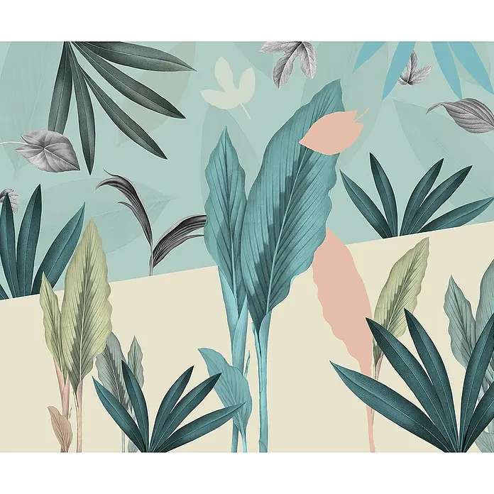 Komar Fototapete Naive - B x H: 300 x 250 cm, Vlies - Elegante botanische Illustration mit tropischen Blättern in Blau- und Grüntönen, die eine ruhige und stilvolle Atmosphäre vermitteln.