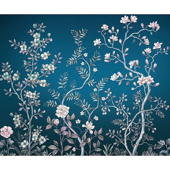 Komar Fototapete Aurore - B x H: 300 x 250 cm, Vlies - Elegante Tapete mit floralem Design auf tiefblauem Grund. Zarte Blüten und Blätter verleihen jedem Raum eine edle Note.