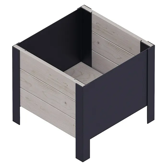 Upyard Pflanzkasten Modernbox niedrig - 36 x 36 x 32 cm, Holz, Grau/Schwarz - Eine moderne Pflanzkiste mit Holzverkleidung und anthrazitfarbenen Metallecken steht auf einem schwarzen Hintergrund.