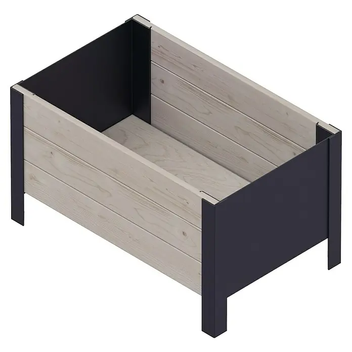 Upyard Macetero para plantas Modernbox Niedrig - 58 x 36 x 32 cm, Madera, Gris - Primer plano de una jardinera rectangular con listones de madera y detalles en metal oscuro, que fusiona diseño rústico y moderno.
