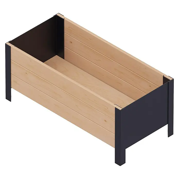 Upyard Pflanzkasten Modernbox niedrig - 78 x 36 x 32 cm, Holz, Braun/Schwarz - Ansicht eines rechteckigen Hochbeets aus Holz mit grauen Eckverbindungen, ideal für Garten und Terrasse.
