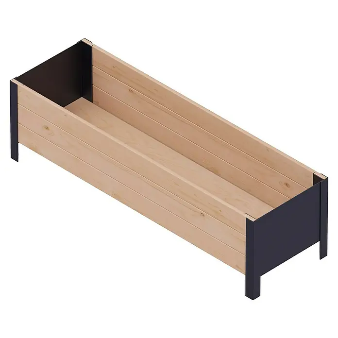 Upyard Pflanzkasten Modernbox niedrig - 118 x 36 x 32 cm, Holz, Braun/Schwarz - Eine hölzerne Hochbeet-Konstruktion mit dunklen, rechteckigen Rahmen an den Enden, ideal für Gartenliebhaber.